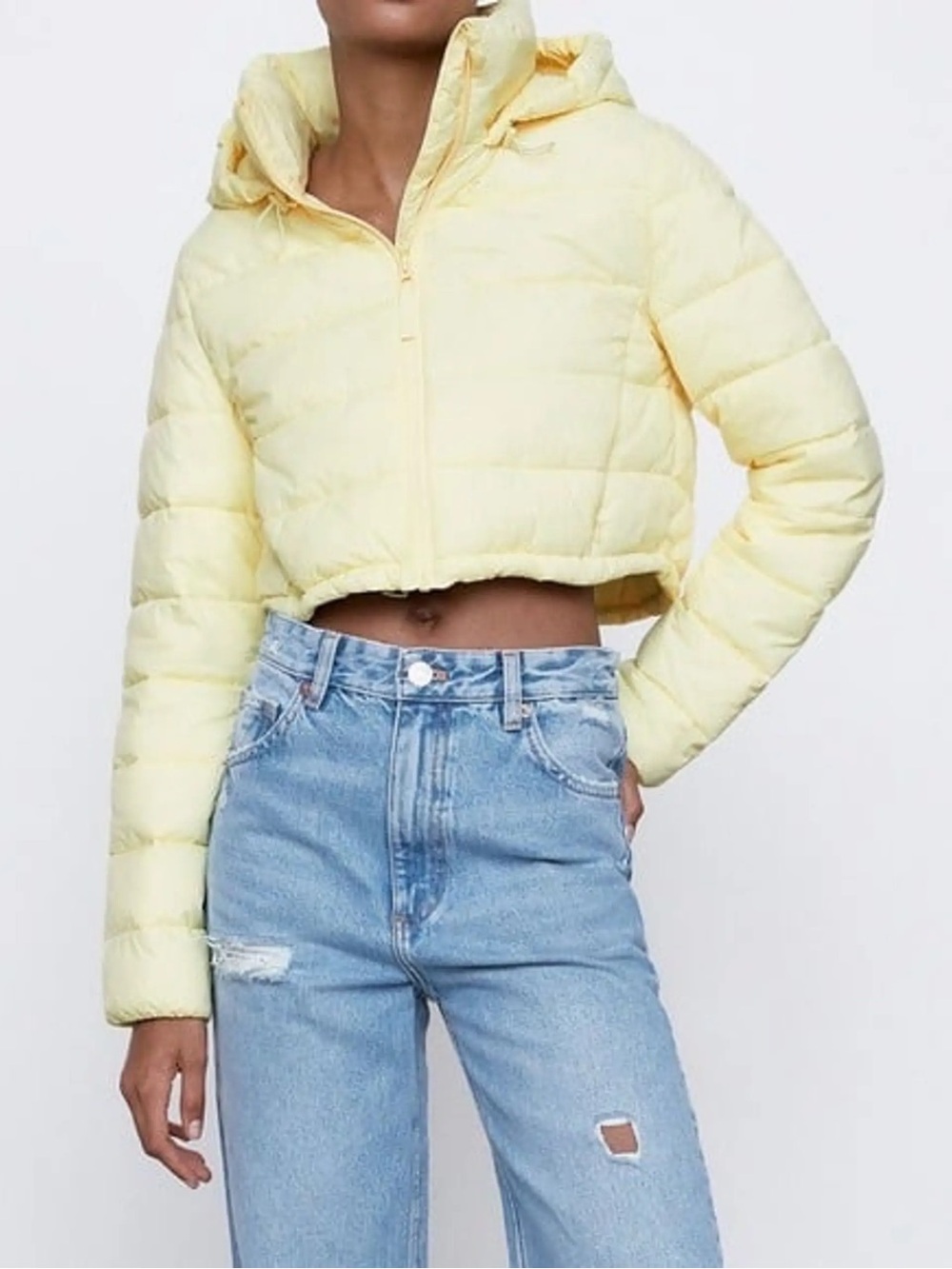 Zara Cropped Hooded Puffer Jacket in Pale Yellow